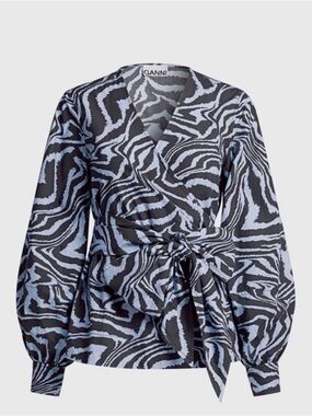 Ganni Black and Light Blue-Print Wrap Blouse Size 36